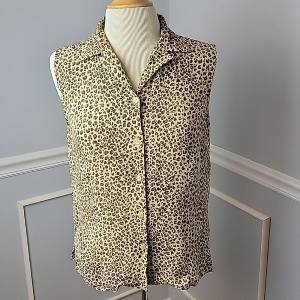 ANN TAYLOR 100% Silk Leopard Print Office Button Down‎ Sleeveless Blouse 8 READ
